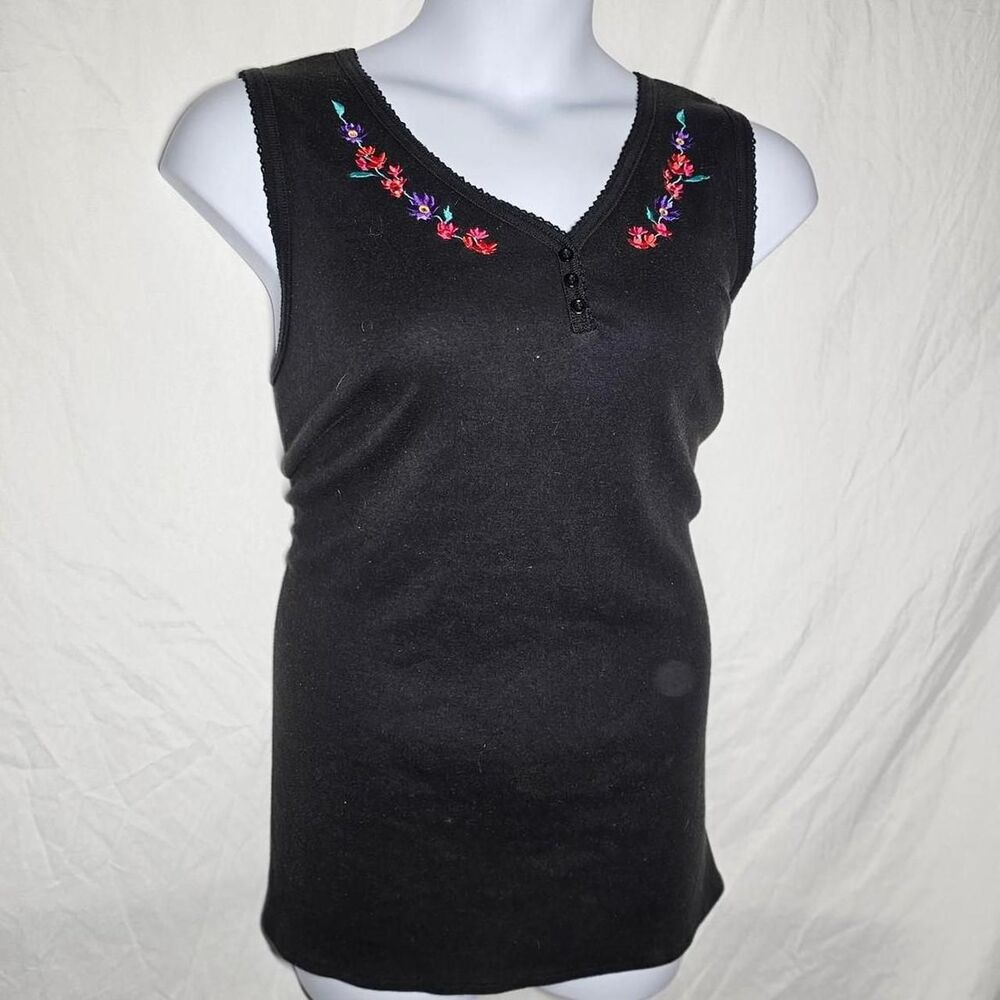 vintage 90s black embroidery floral v neck tank top